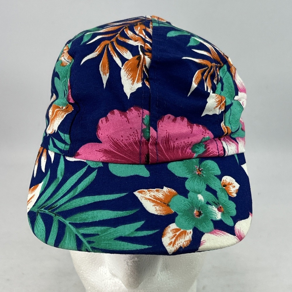 Vintage Wendy's Restaurant Hat Cap Snap Back Hawaiian Floral Print Blue 90s